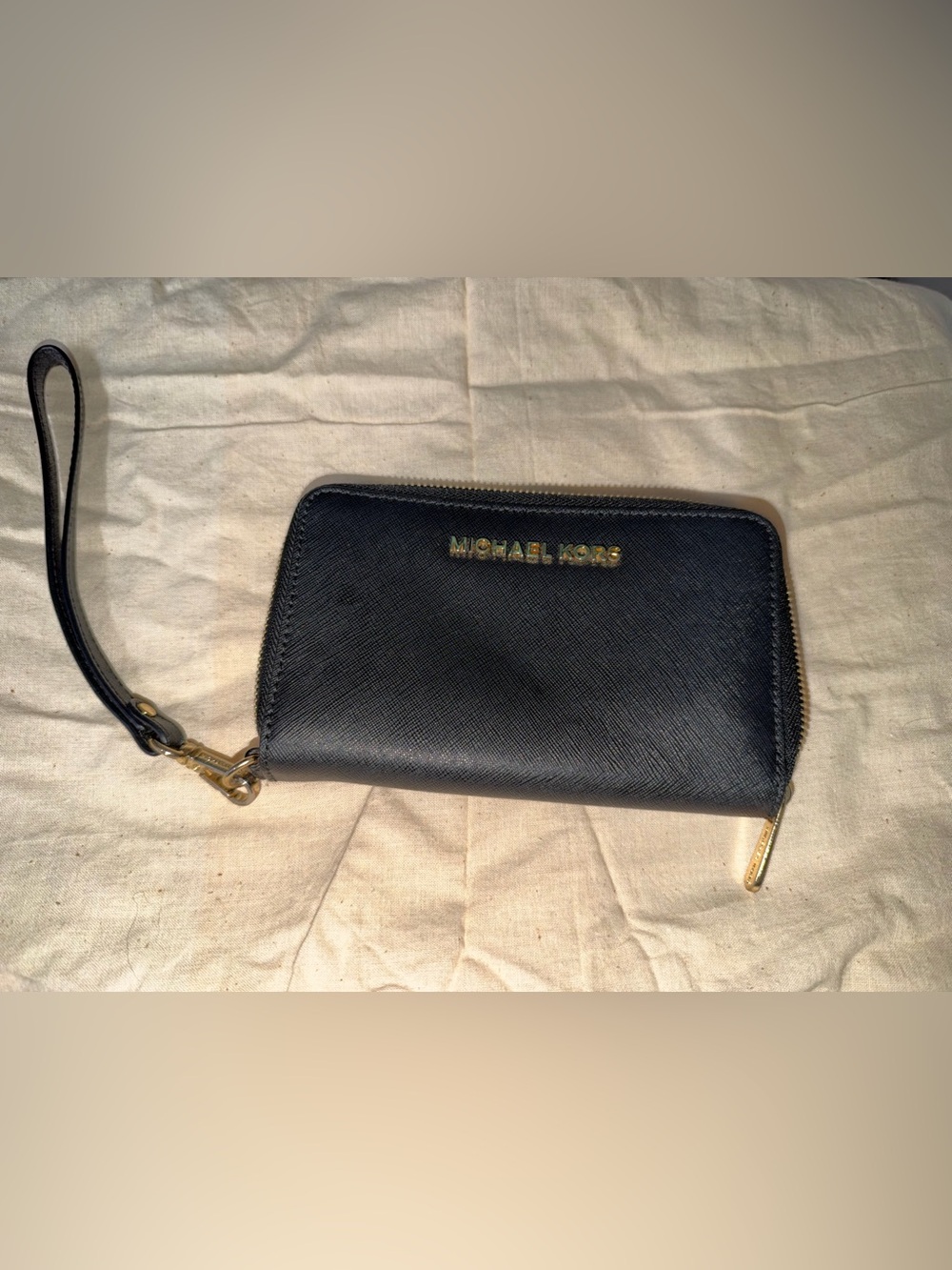 Michael Kors Black Saffiano Zip-Around Wallet with Gold Logo